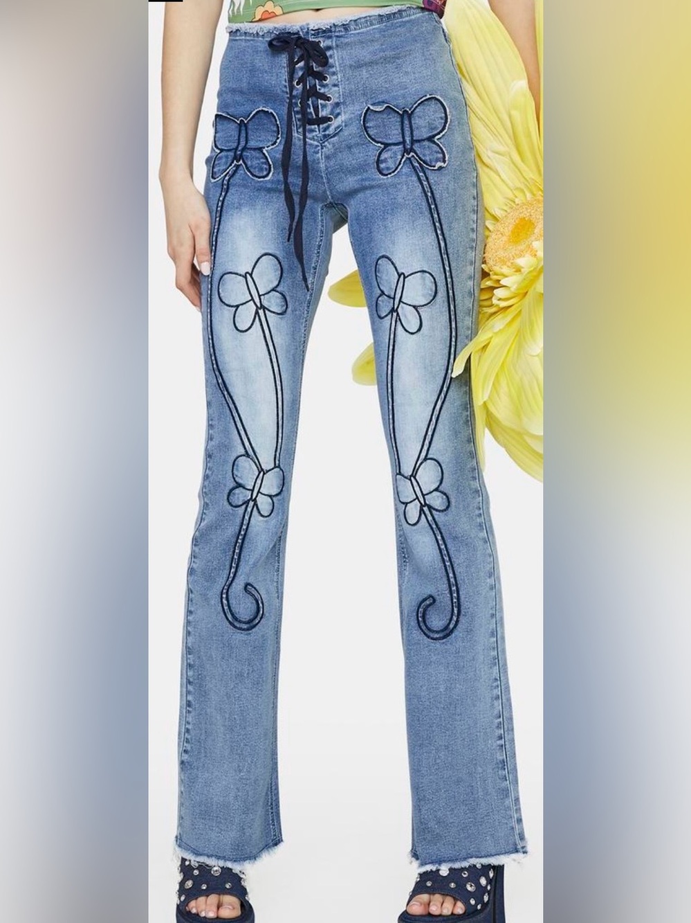 dELiA*s Denim Embroidered Floral Flare Jeans-Dolls Kill